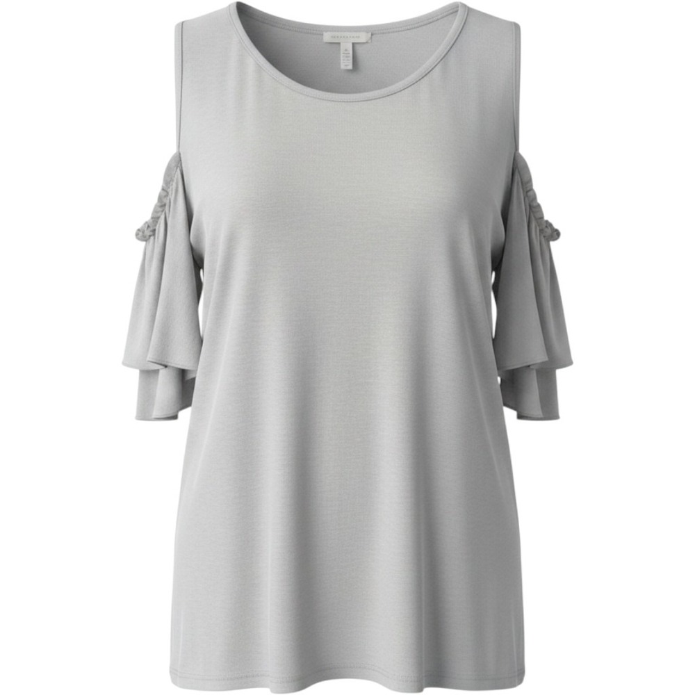 Lavender Field Gray Cold Shoulder Tiered Ruffle Sleeve Knit Top Large